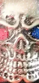 Detailed closeup of a silver skull ring with red and blue eyes.