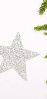 Wallpaper with a silver star and green branches on a white background.