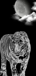 Silver outline of a tiger under a cloudy full moon.