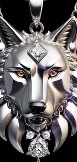 Silver wolf pendant with diamond eyes, artistic mobile wallpaper.