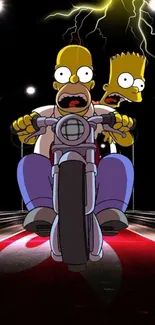 Homer and Bart riding a motorcycle at night in this mobile wallpaper.