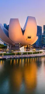 Stunning Singapore cityscape with skyline at dusk reflecting in Marina Bay.