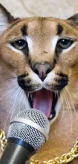 Caracal singing into a microphone, wearing a gold chain.