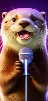 Charming otter holding a microphone with a vibrant purple gradient background.