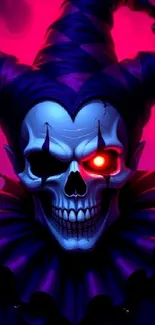 Sinister jester skull with vibrant colors and glowing eye.