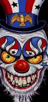 Sinister patriotic clown with bold colors on a mobile wallpaper.