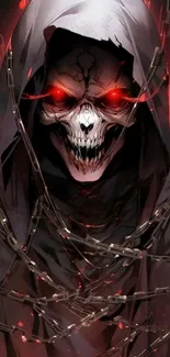 Dark skull with glowing red eyes and chains wallpaper.