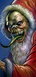 Creepy Santa with grim face holding a candy cane in festive attire.