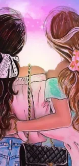 Two sisters embracing in colorful illustration art.