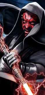 Sith warrior with red lightning and dark cloak, perfect for mobile wallpaper.