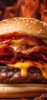 Juicy burger with bacon and cheese against fiery background.