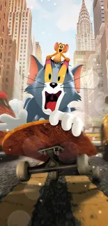 Cartoon characters skateboarding through city streets in a vibrant wallpaper.