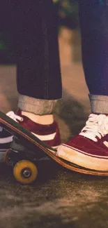 Sneakers on skateboard in urban setting.