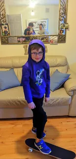 Young skateboarder in blue hoodie in stylish living room.