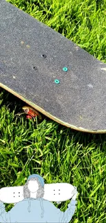 Skateboard on green grass with illustrated character.