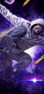 Skateboarder performing tricks with a cosmic purple neon background.