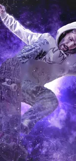 Skateboarder jumps through a purple cosmic vortex.