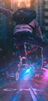 Skateboarder performing a trick in a neon-lit cityscape.