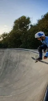 Young skateboarder at skate park ramp during sunset adventure.