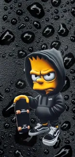 Cartoon character in hoodie with skateboard on textured black background.