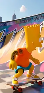 Cartoon character skateboarding in a colorful setting.