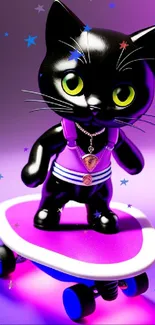 Black cat on skateboard with a purple glow.