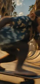 Chimpanzee skateboards wearing sunglasses and tropical shirt.