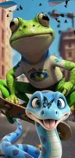 Cute frog skateboarding in urban setting.