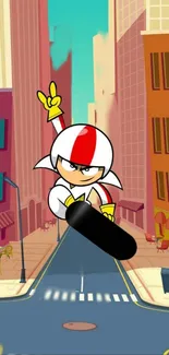 Cartoon hero skateboarder flying through a vibrant cityscape.