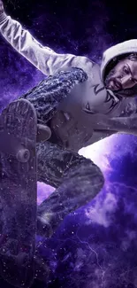 Skateboarder performing trick in purple vortex on mobile wallpaper.