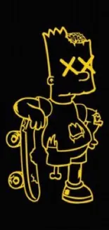 Yellow outline of a cartoon character with a skateboard on black background.