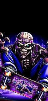 A skeleton in a vibrant Iron Maiden-themed skateboarding art.