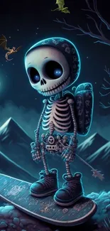 Skater skeleton rides under a full moonnight in a dark, whimsical landscape.