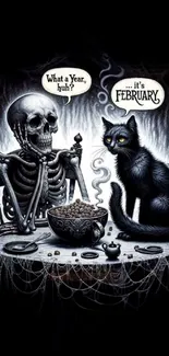 Skeletal figure and black cat discussing February in dark, whimsical artwork.