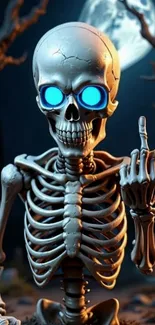 Skeleton with glowing blue eyes in moonlit night.