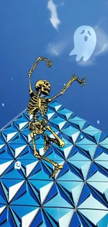 Wallpaper with dancing skeleton and ghost on geometric blue pyramid.