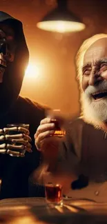 Skeleton and old man toasting with drinks in warm, glowing light.