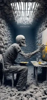 Skeleton painting in a dim, textured room.