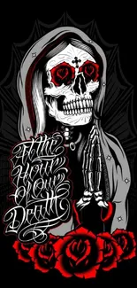 Gothic skeleton with red roses wallpaper design.