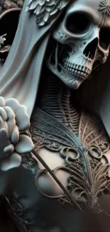 Intricately detailed skeleton art mobile wallpaper with a mystical dark theme.