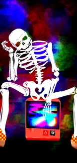 Skeleton on retro TV with colorful abstract art.