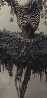 Skeletal ballerina with floral details in gothic art wallpaper.