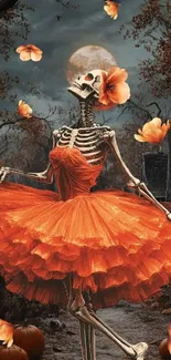 Skeleton in orange dress dancing under moonlight with falling petals.