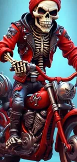 Skeleton in red jacket on a motorcycle, edgy design.