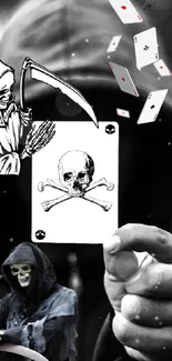 Grim reaper holding a skull card with floating playing cards in dark background.