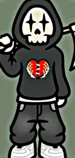 Cartoon skeleton with hoodie and heart design in dark theme wallpaper.