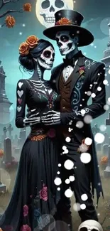 Skeleton couple in a graveyard scene with moonlight.