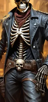 Steampunk skeleton cowboy in a dark coat with detailed gothic elements.