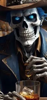 Stylish skeleton cowboy with glowing blue eyes holding whisky.