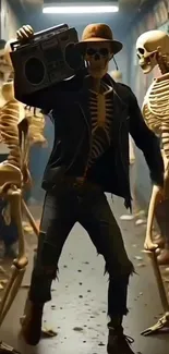 Skeletons dance in colorful alley with boombox.